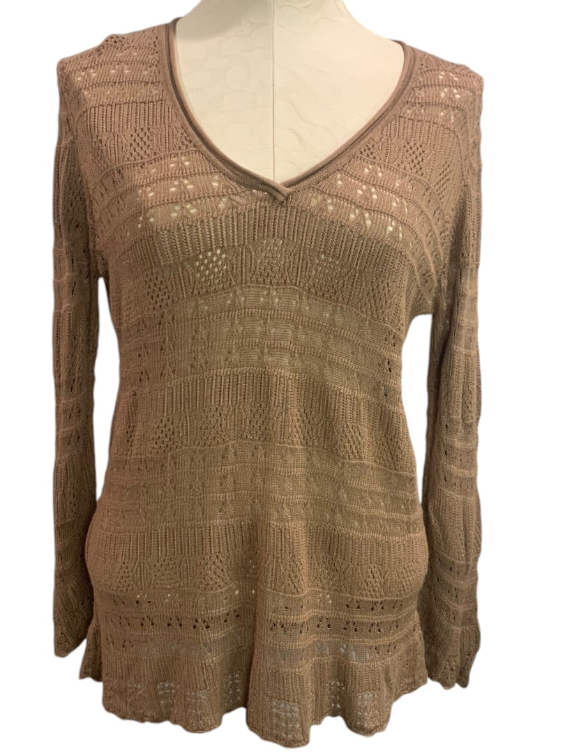 Large Joseph A. Womens Brown V-Neck Lightweight Knit Rayon Sweater Open Weave