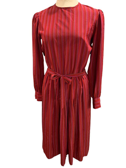 Medium Vintage 1970s Red Micro Print Midi Dress Belted Pleated Pockets