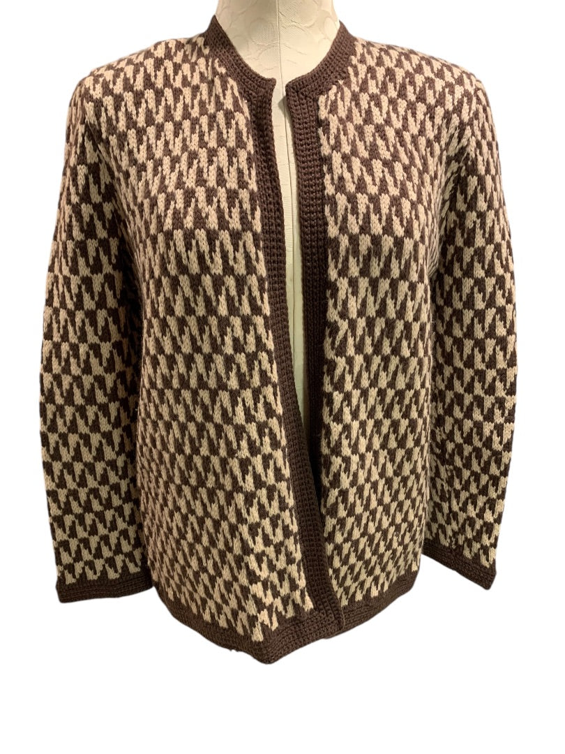 Large Womens 1980s Vintage Open Cardigan Sweater Houndstooth Brown