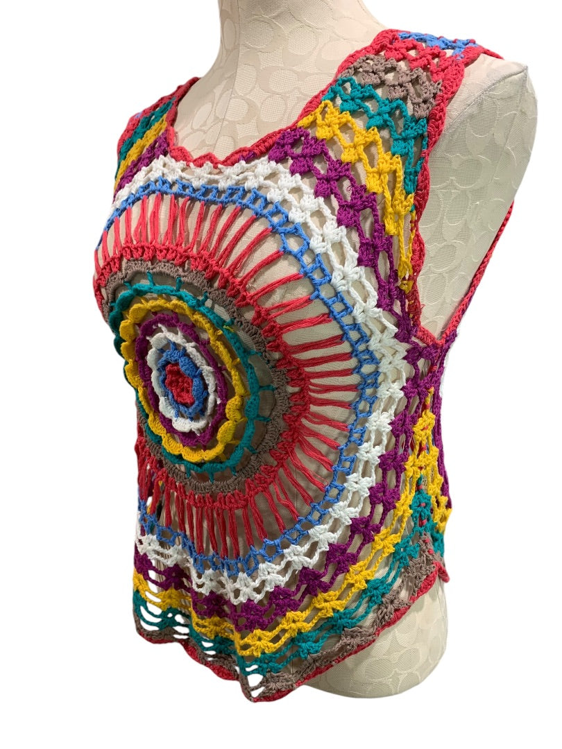 Small Mak B Womens Rainbow Cotton Crochet Tank Shirt Top Open