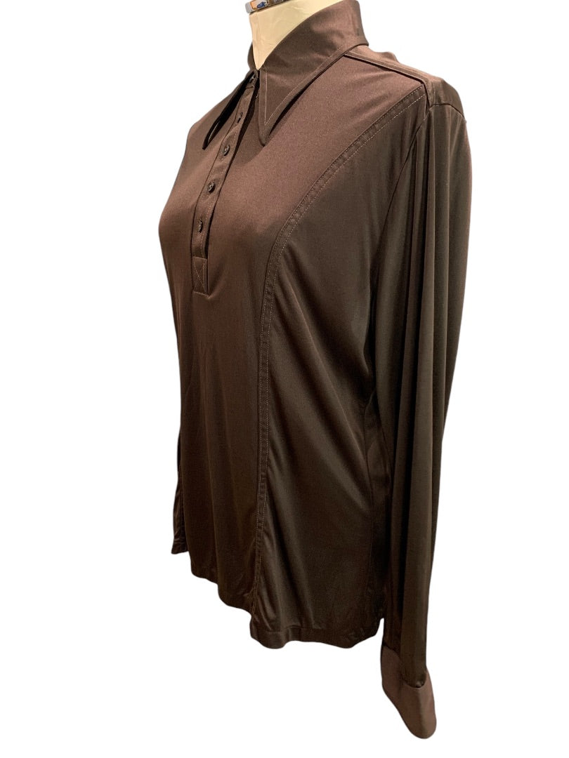 Large Tarmi Vintage 1970s Brown Polyester Womens Shirt Pullover Point Collar