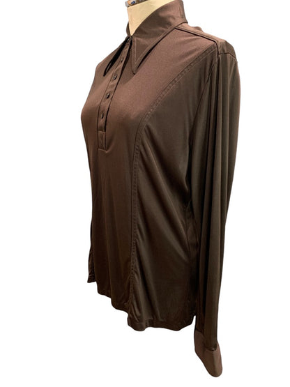 Large Tarmi Vintage 1970s Brown Polyester Womens Shirt Pullover Point Collar