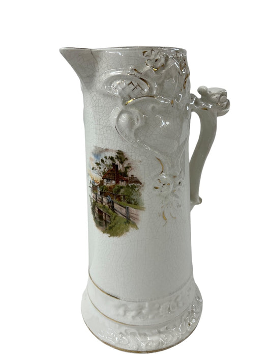 Antique Tankard Pitcher 12 Inch Owen Minerva Victorian Scene Handle Pottery