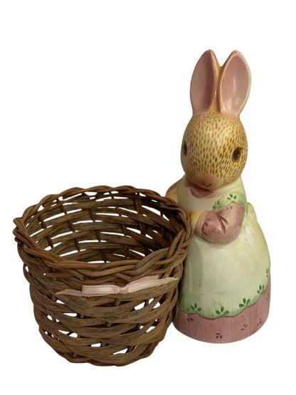 Vintage Holland Floral Ceramic Bunny Figurine with Wicker Basket