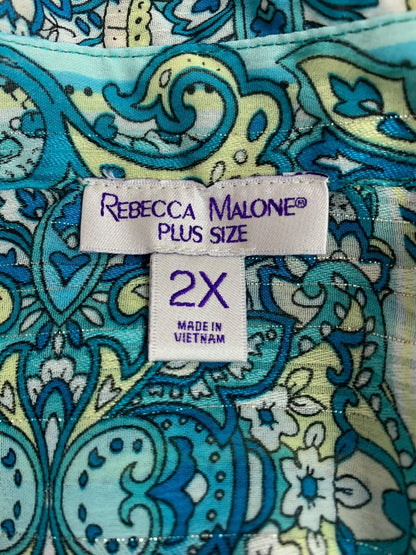 2X Rebecca Malone Plus Size Sheer Button Up Shirt Paisley Blue Silver