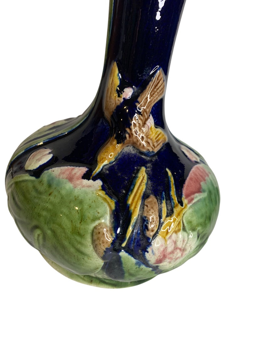 Antique Majolica Hummingbird Vase 8.5 Inch Cobalt Chips