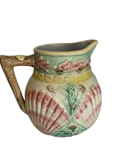 Antique 1880s Majolica Seashell Shell Seaweed Pitcher Pastel 6.5 Inch