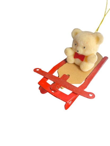 Vintage Flocked Teddy Bear on Sled Ornament Metal Wood