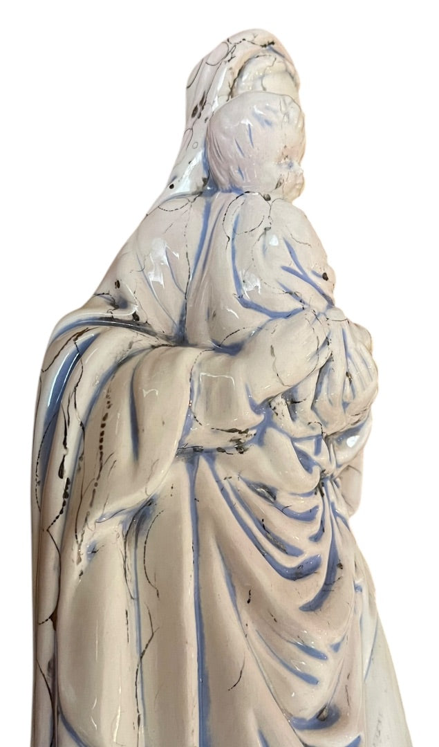 Vintage Madonna Baby Jesus Ceramic Figurine Artistic Glaze Blue Black 13.5 Inch