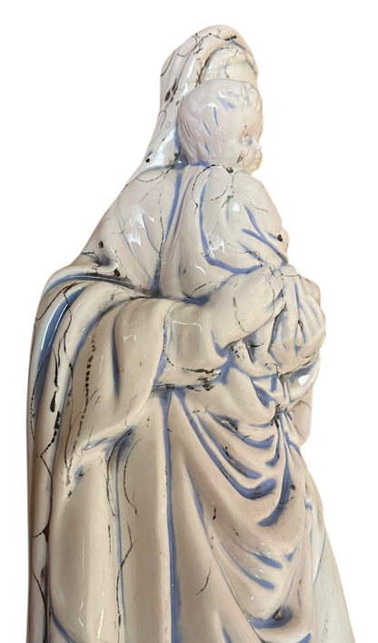 Vintage Madonna Baby Jesus Ceramic Figurine Artistic Glaze Blue Black 13.5 Inch