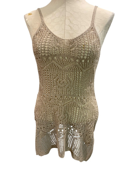 Small Womens Tan Crochet Open Weave Tank Sleeveless Shirt Boho Style