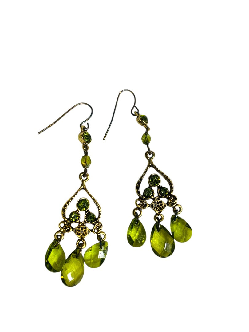 Goldtone and Green Beaded Earrings Hook Pierced 2.5" Drop