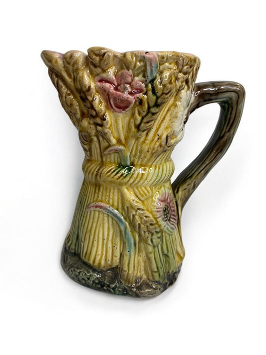 Antique Majolica Wheat Pitcher  Pottery 6 Inch Flower Pink