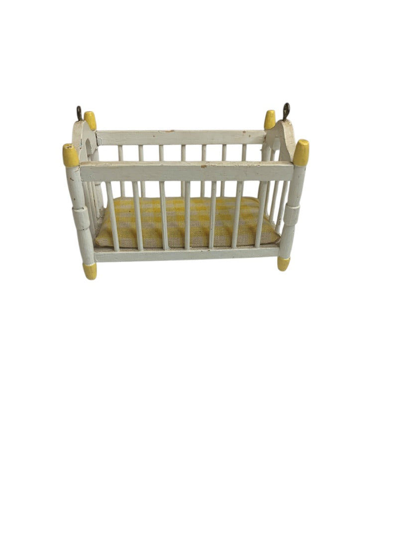 Vintage Wooden Miniature Baby Crib White Yellow 1:12
