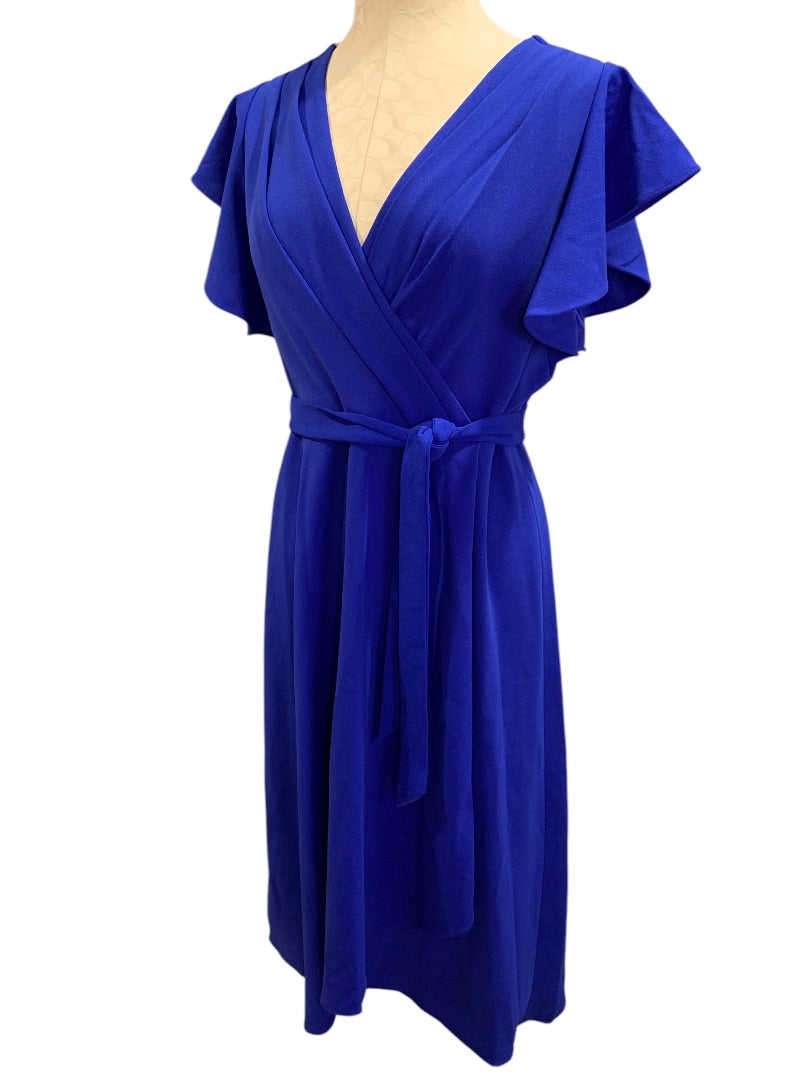 Size 12 DKNY New Flutter Sleeve Faux Wrap Dress Royal Blue