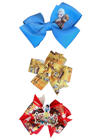 Set of 3 Princess Hair Clips Bows Beauty Frozen Snow White 3 Inch