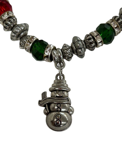 Stretch Silvertone Bracelet Snowman Charm Red Green Holiday