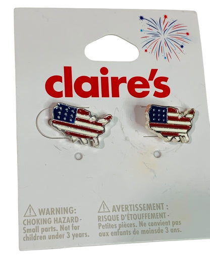 Claires New Post Pierced Earrings USA Map Flag Silvertone