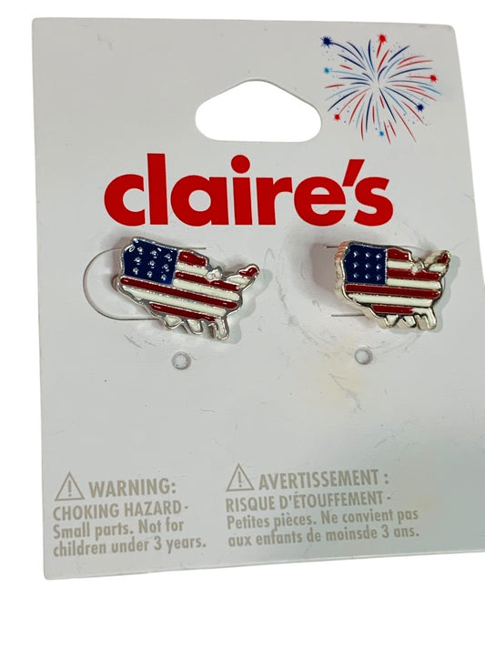 Claires New Post Pierced Earrings USA Map Flag Silvertone