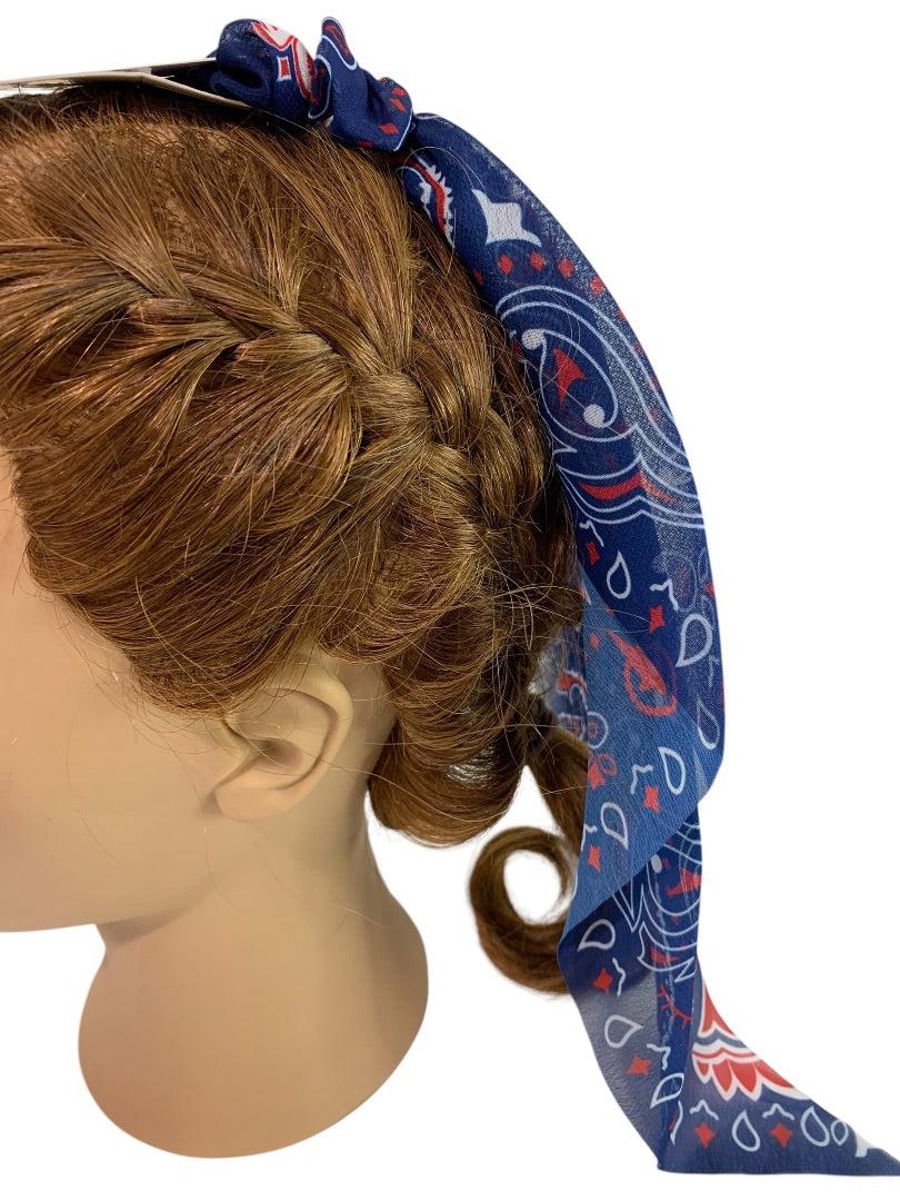 Claires New Hair Elastics Sheer Fabric Cover Train Tail Paisley Navy Blue