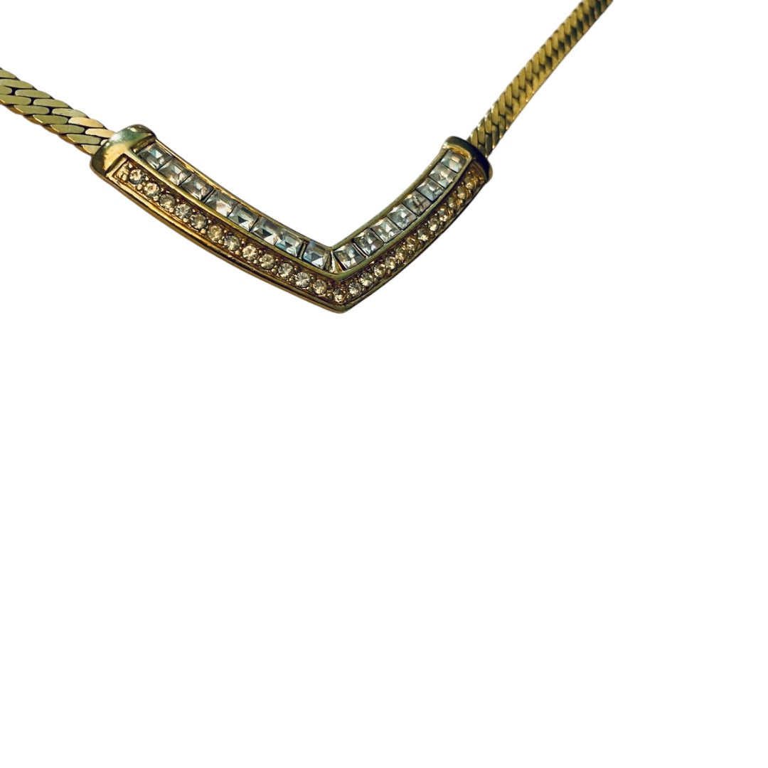 Vintage Signed Trifari Herringbone Necklace Goldtone V Shape Rhinestones 17 Inch Spring Clasp