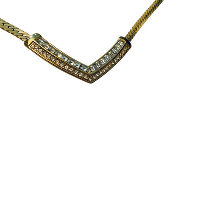 Vintage Signed Trifari Herringbone Necklace Goldtone V Shape Rhinestones 17 Inch Spring Clasp