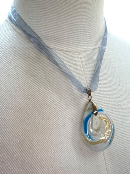 Ribbon and Glass Pendant Necklace Blue 18-20 Inch Lobster Clasp