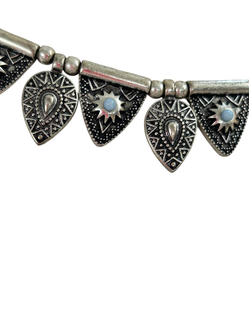 Cord and Metal Southwestern Style Necklace 15.5-18 Inch Silvertone Lobster Clasp