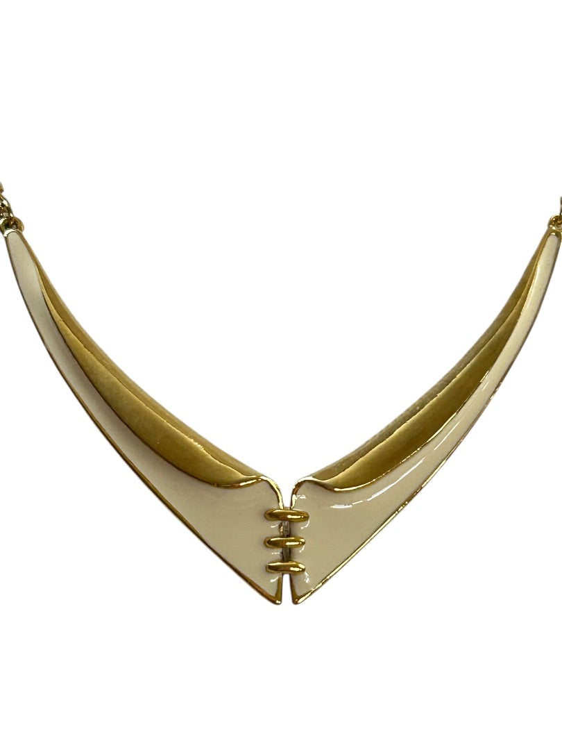 1980s Retro Goldtone Enameled Necklace V-Neck 17 Inch 8-9" Drop