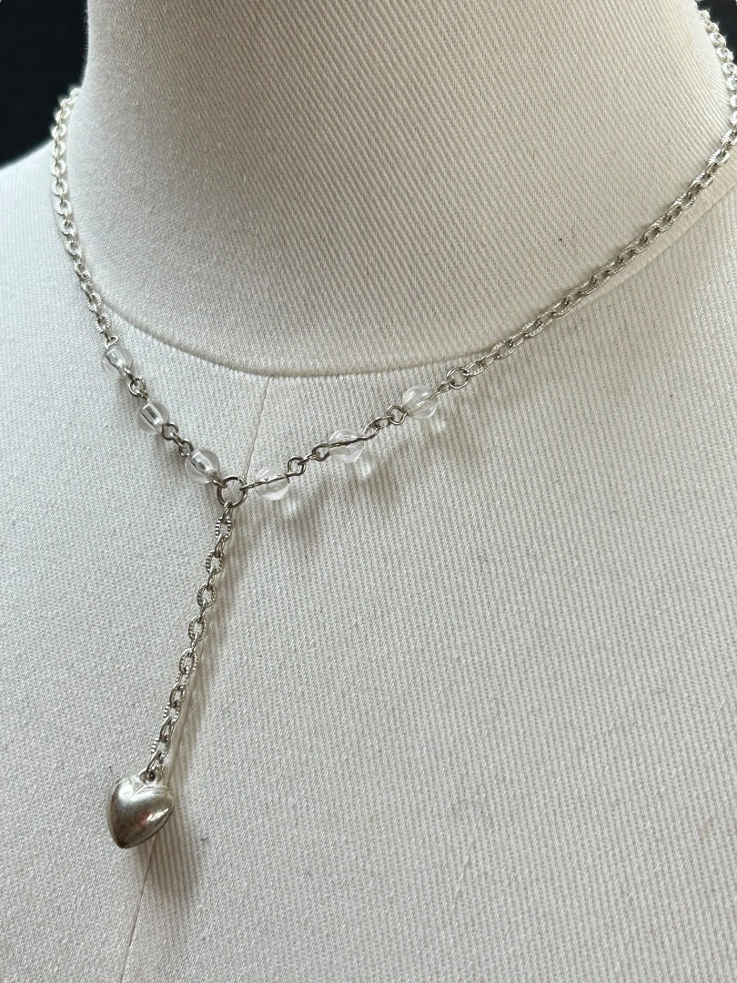Silvertone 16 Inch Necklace 2" Drop Heart Crystals Lobster Clasp