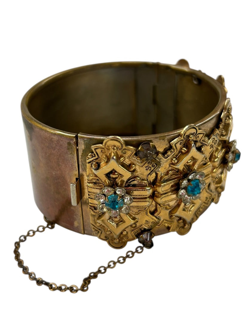 Vintage Cuff Bangle Bracelet Hinged Aquamarine Ornate