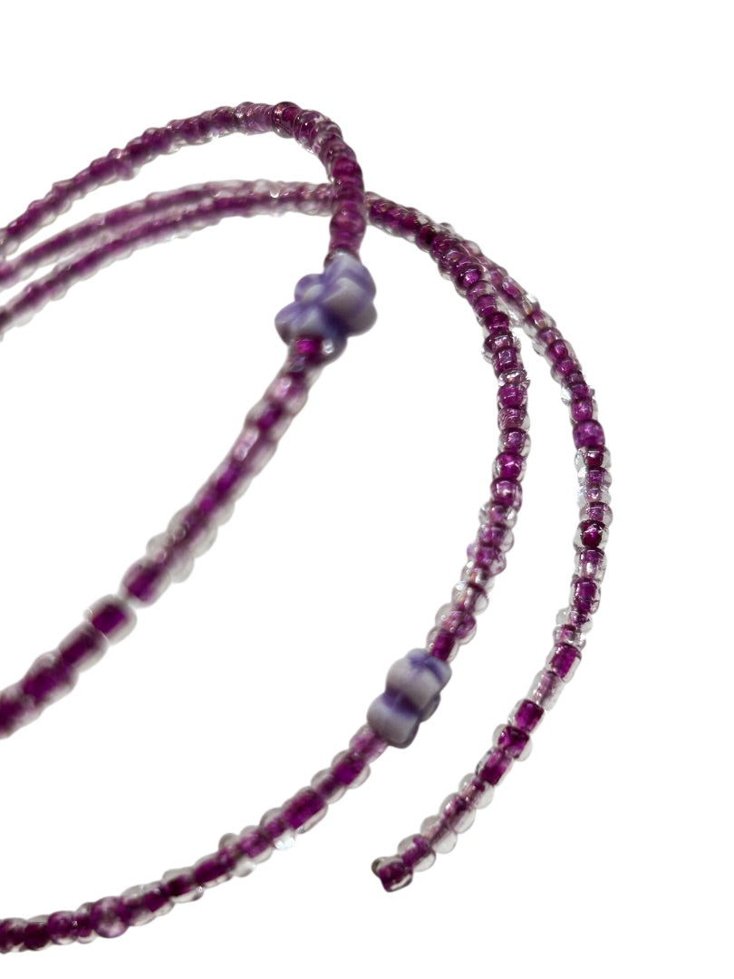 Delicate Beaded Wire Bracelet Adjustable Purple Flowers