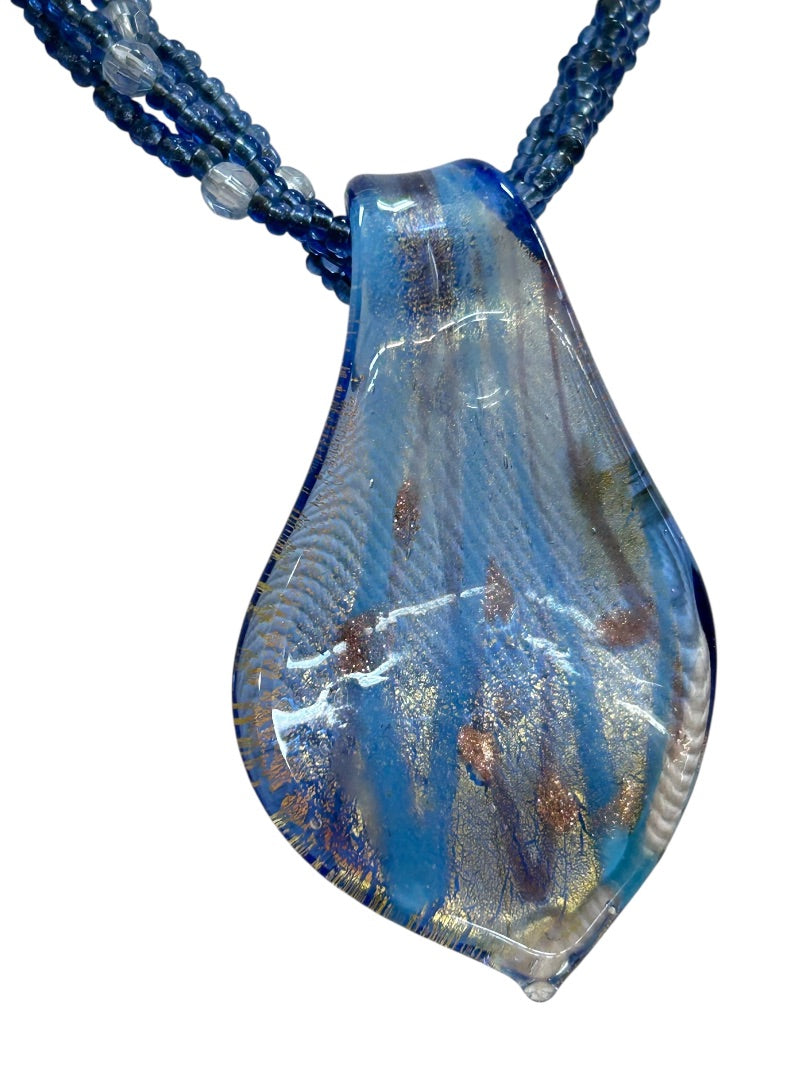 Multistrand Blue Necklace Glass Pendant 17-19 Inch Spring Clasp