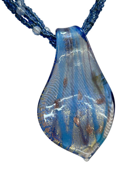 Multistrand Blue Necklace Glass Pendant 17-19 Inch Spring Clasp