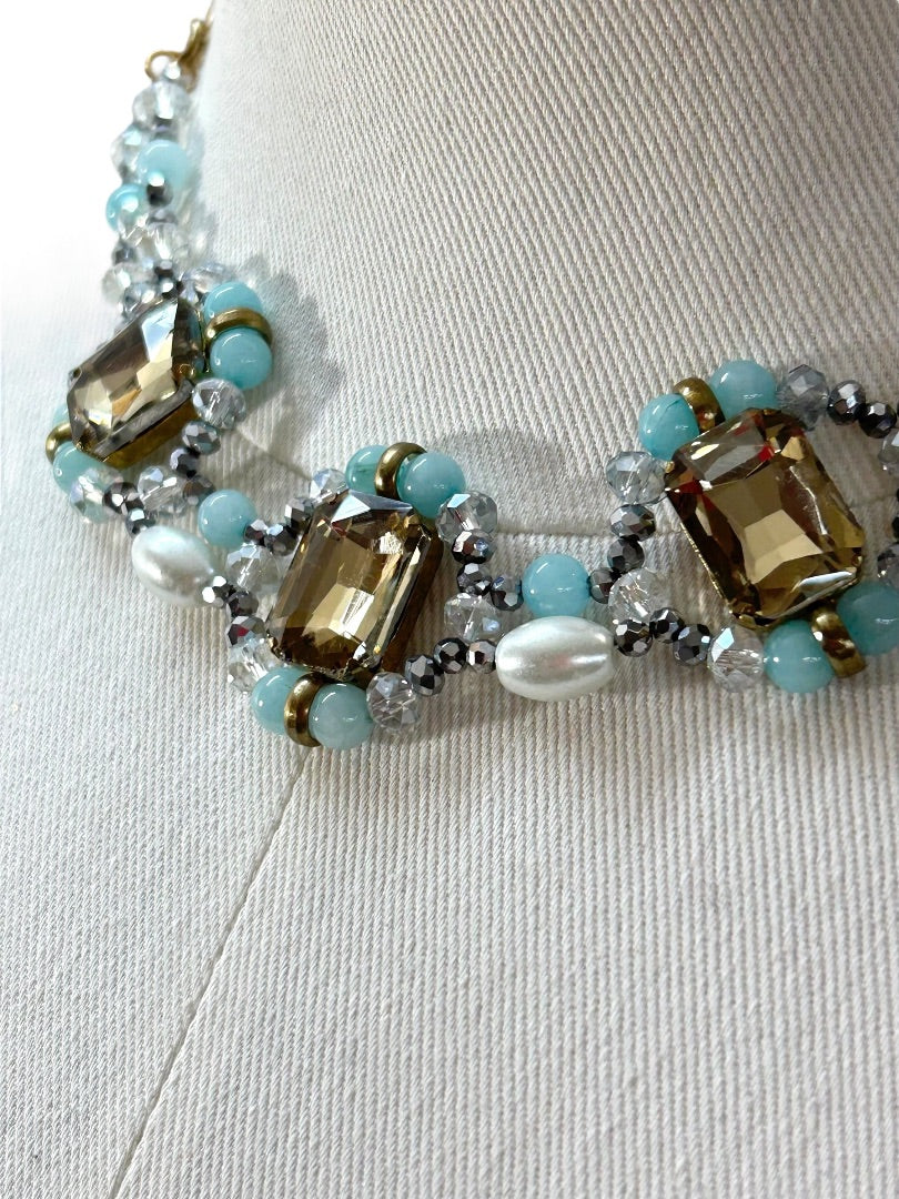 Goldtone Blue Statement Necklace 16-18 Inch Lobster Clasp Faux Pearl