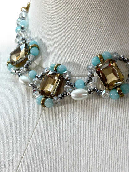 Goldtone Blue Statement Necklace 16-18 Inch Lobster Clasp Faux Pearl