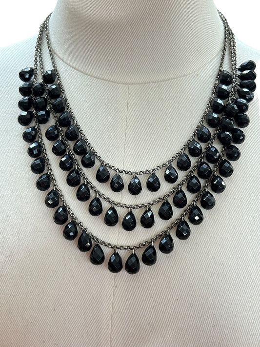 Black and Silvertone 3 Strand Tiered Necklace 20-22 Inch 2.5" Drop