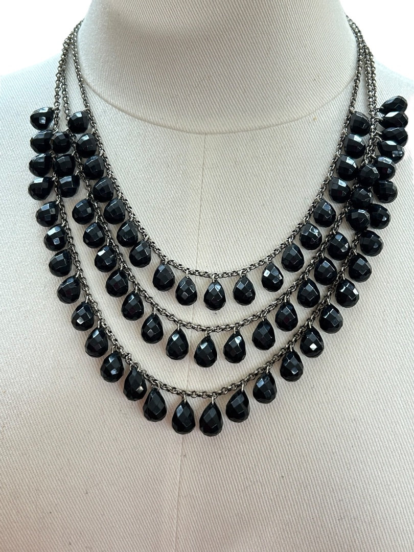 Black and Silvertone 3 Strand Tiered Necklace 20-22 Inch 2.5" Drop