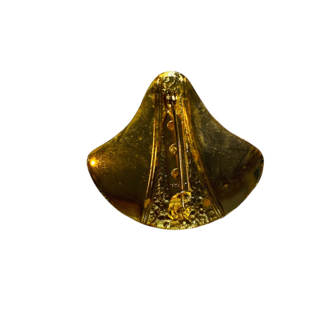 Vintage Goldtone Brooch Glittery Green Hammered 1.5 Inch Japan