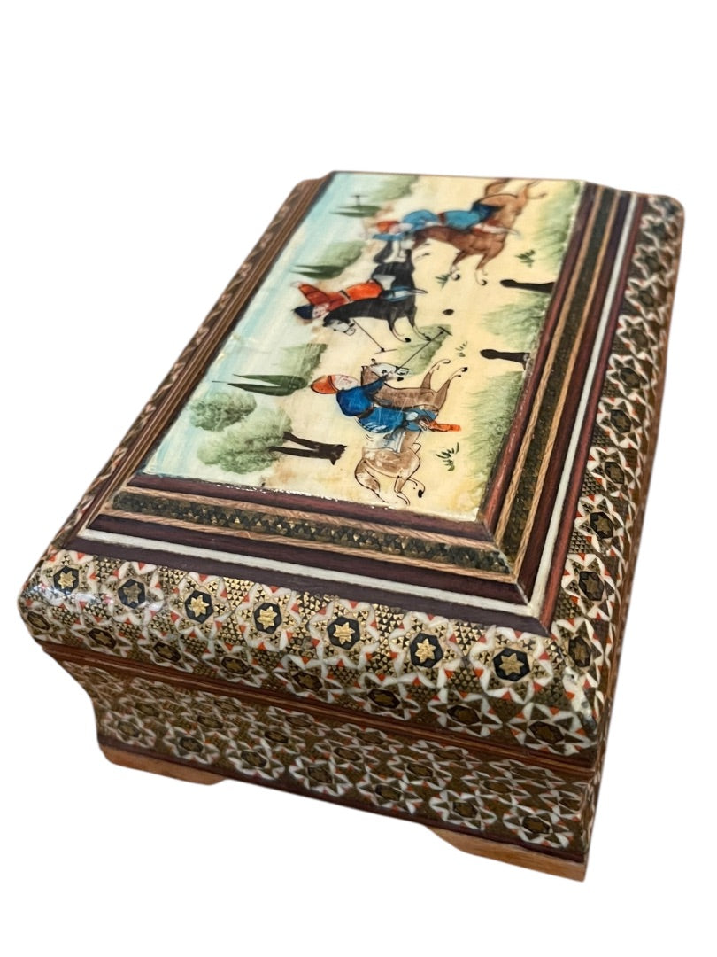 Vintage Khatam Persian Wooden Turkish Trinket Box Hinged Hand Painted