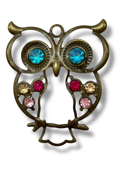 Open Pendant Owl Goldtone Multicolor 2 Inch Teal Red Pink Yellow