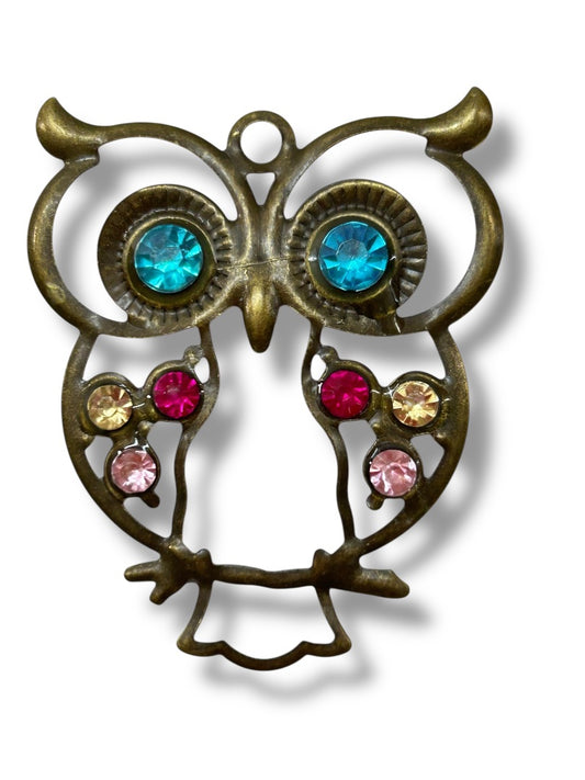 Open Pendant Owl Goldtone Multicolor 2 Inch Teal Red Pink Yellow