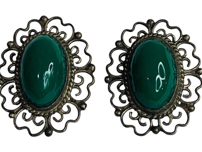 Vintage Clip On Screwback Earrings Green Silvertone Filigree 1.1 Inch