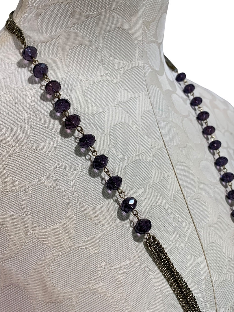 Goldtone Purple Beaded Tiered Necklace Long 32 Inch 5" Drop