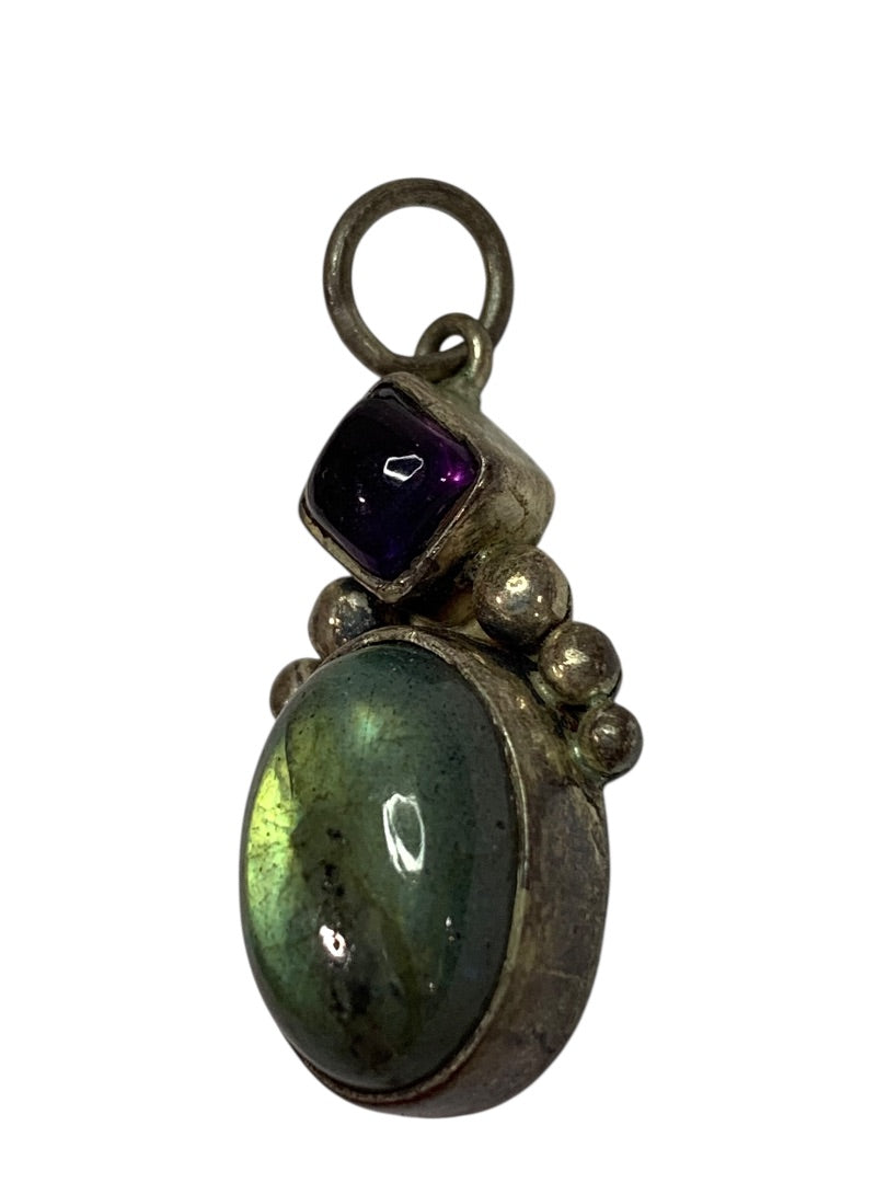 Vintage Pendant Silvertone and Green Purple 1.25 Inch Drop