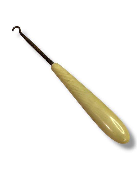 Vintage Enamel Button Hook Antique Boot Glove Fastener Yellow Handle 7 Inch
