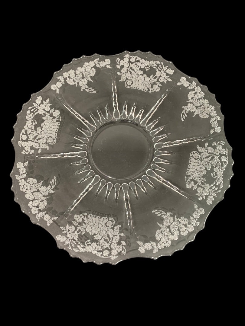 New Martinsville Flower Basket Clear Glass Etched Vintage Platter 12 Inch