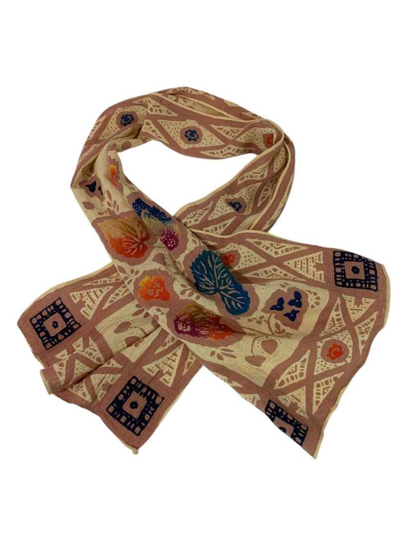 Vintage Linen Blend Boho Scarf Leaf Print 40 x 10 Inch