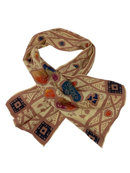 Vintage Linen Blend Boho Scarf Leaf Print 40 x 10 Inch