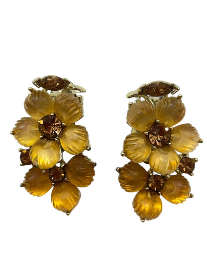Vintage Signed Lisner Clip On Earrings Acrylic Amber Floral 1.5" Drop